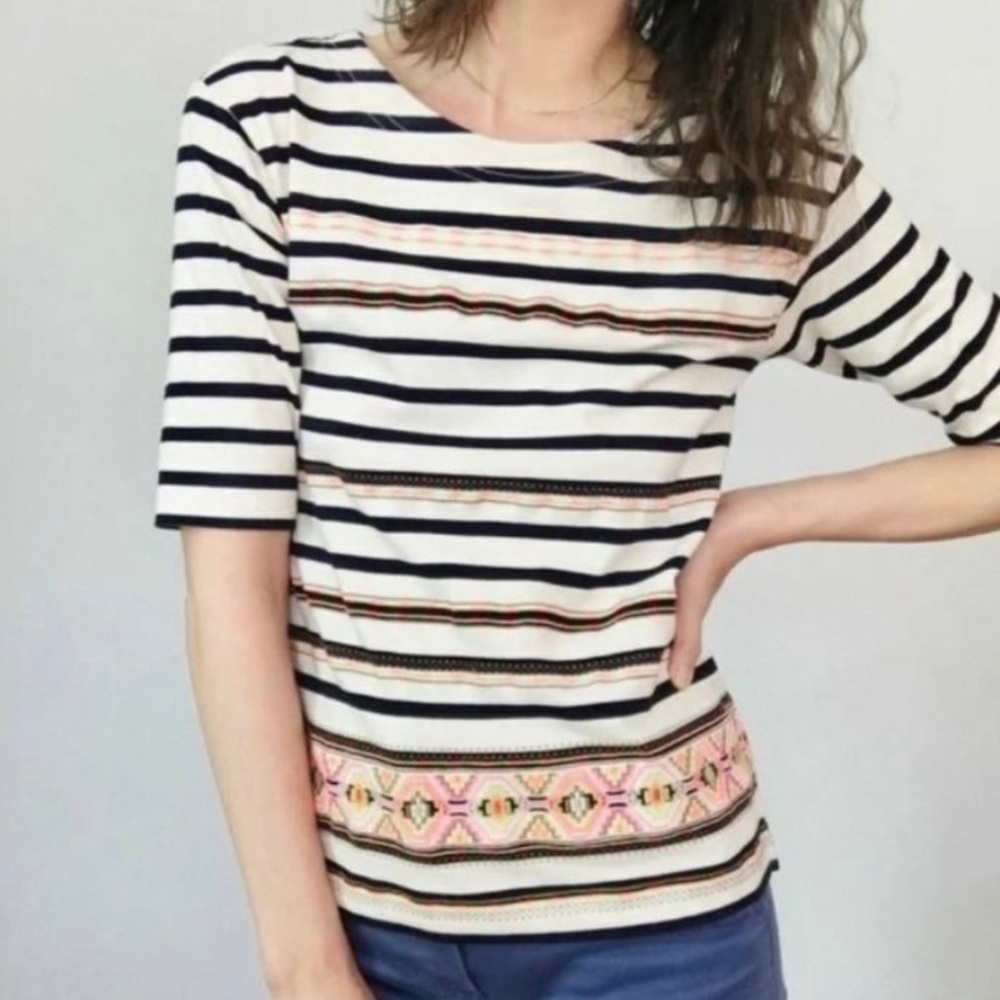 J. Crew striped stitch work neon Aztec print top‎ size M